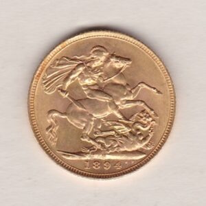 1894 M Gold Sovereign Coin featuring Queen Victoria Old Head on the Obverse and St George & the Dragon on the Reverse. Melbourne, Australia Mint.