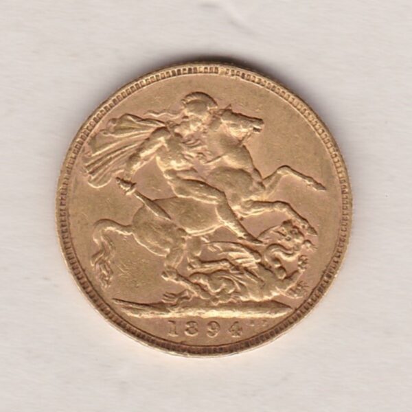 1894 Gold Sovereign Coin featuring Queen Victoria Old Head on the Obverse and St George & the Dragon on the Reverse. London Mint.