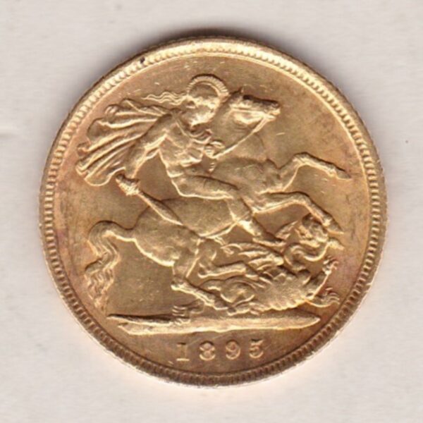 1895 Gold Half Sovereign Coin featuring Queen Victoria Old Head on the Obverse and George & the Dragon on the Reverse in a plastic coin envelope.