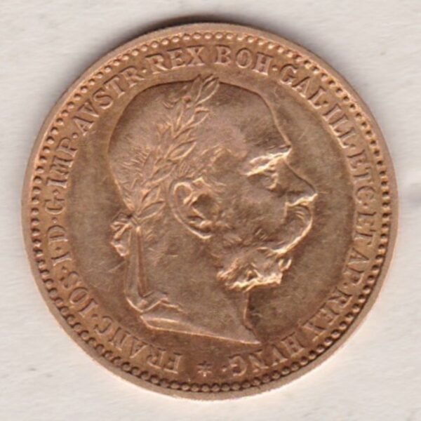 1896 Austria 10 Corona featuring the portrait of Emperor Franz Joseph I on the Obverse. The double-headed imperial eagle is on the Reverse.