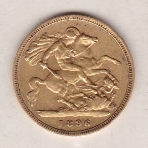 1896 Gold Half Sovereign Coin featuring Queen Victoria Old Head on the Obverse and George & the Dragon on the Reverse in a plastic coin envelope.