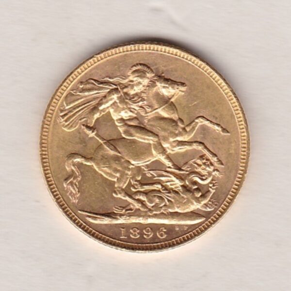 1896 M Gold Sovereign Coin featuring Queen Victoria Old Head on the Obverse and St George & the Dragon on the Reverse. Melbourne, Australia Mint.