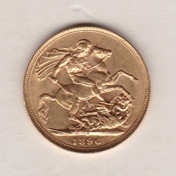 1896 S Gold Sovereign Coin featuring Queen Victoria Old Head on the Obverse and St George & the Dragon on the Reverse. Sydney, Australia Mint.