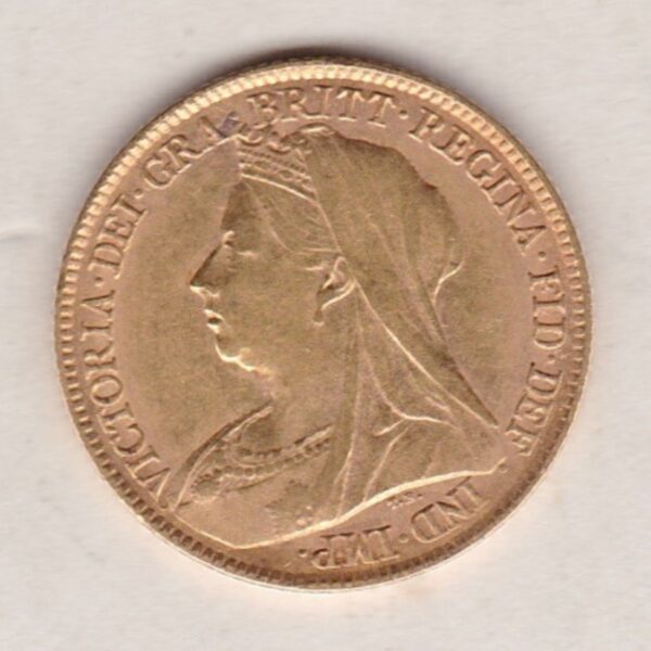 1897 Gold Half Sovereign Coin featuring Queen Victoria Old Head on the Obverse and George & the Dragon on the Reverse in a plastic coin envelope.