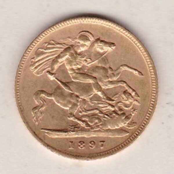 1897 Gold Half Sovereign Coin featuring Queen Victoria Old Head on the Obverse and George & the Dragon on the Reverse in a plastic coin envelope.