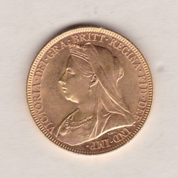 1897 M Gold Sovereign Coin featuring Queen Victoria Old Head on the Obverse and St George & the Dragon on the Reverse. Melbourne, Australia Mint.