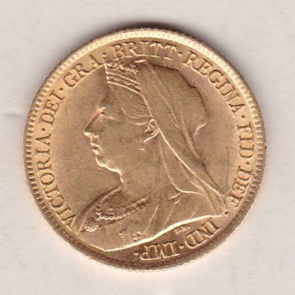 1898 Gold Half Sovereign Coin featuring Queen Victoria Old Head on the Obverse and George & the Dragon on the Reverse in a plastic coin envelope.