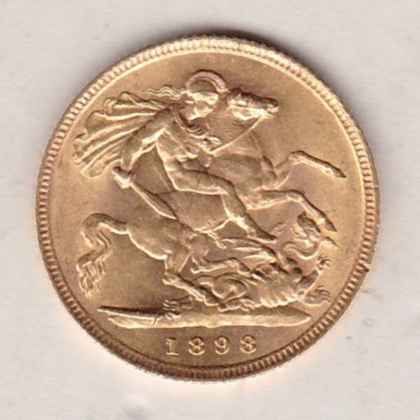 1898 Gold Half Sovereign Coin featuring Queen Victoria Old Head on the Obverse and George & the Dragon on the Reverse in a plastic coin envelope.