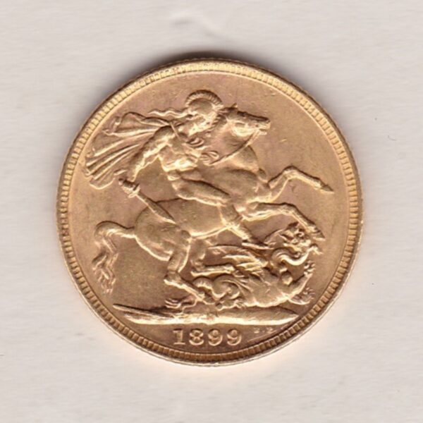 1899 M Gold Sovereign Coin featuring Queen Victoria Old Head on the Obverse and St George & the Dragon on the Reverse. Melbourne, Australia Mint.