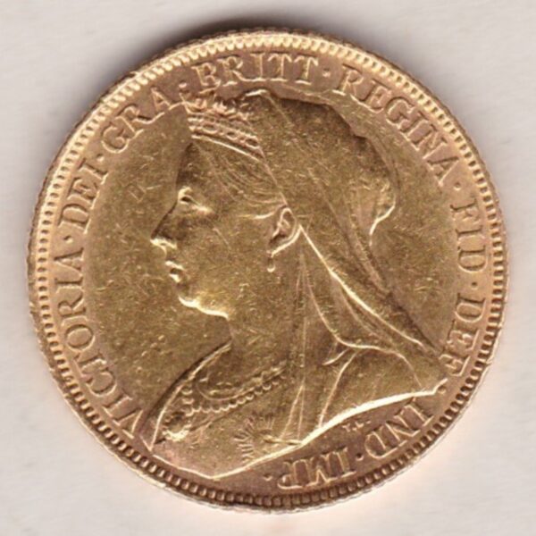 1900 M Gold Sovereign Coin featuring Queen Victoria Old Head on the Obverse and St George & the Dragon on the Reverse. Melbourne, Australia Mint.