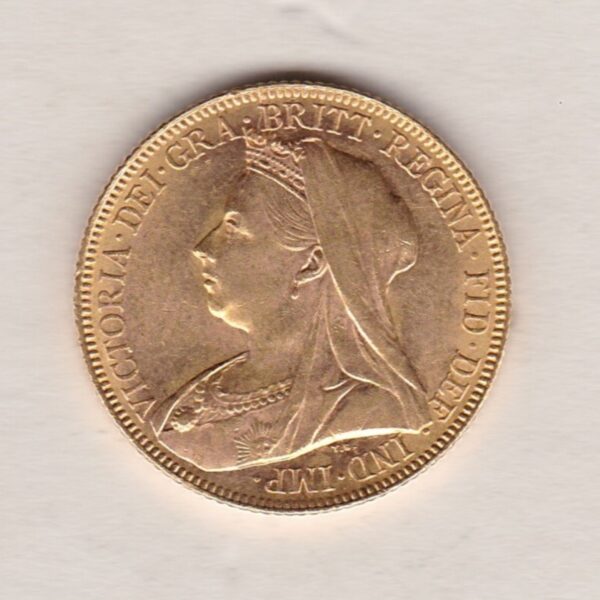 1901 M Gold Sovereign Coin featuring Queen Victoria Old Head on the Obverse and St George & the Dragon on the Reverse. Melbourne, Australia Mint.