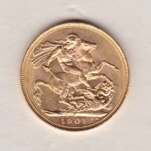 1901 M Gold Sovereign Coin featuring Queen Victoria Old Head on the Obverse and St George & the Dragon on the Reverse. Melbourne, Australia Mint.