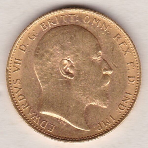 1902 M Gold Sovereign Coin. The coin features King Edward VII on the Obverse. St George and the dragon on the reverse. The M Melbourne, Australia Mintmark.