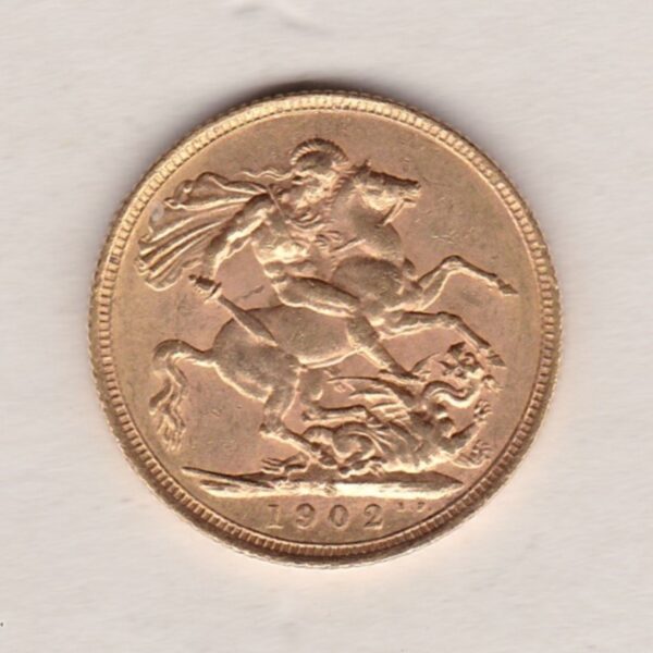 1902 S Gold Sovereign Coin. The coin features King Edward VII on the Obverse. St George and the dragon on the reverse. The S Sydney, Australia Mintmark.