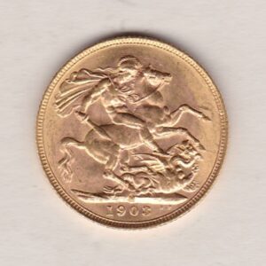 1902 M Gold Sovereign Coin. The coin features King Edward VII on the Obverse. St George and the dragon on the reverse. The M Melbourne, Australia Mintmark.