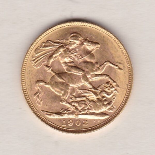 1902 M Gold Sovereign Coin. The coin features King Edward VII on the Obverse. St George and the dragon on the reverse. The M Melbourne, Australia Mintmark.