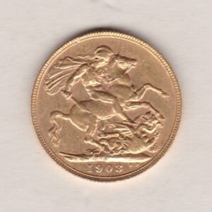 1903 P Gold Sovereign Coin. The coin features King Edward VII on the Obverse. St George and the dragon on the reverse. The P Perth, Australia Mintmark.