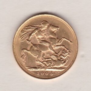 1904 M Gold Sovereign Coin. The coin features King Edward VII on the Obverse. St George and the dragon on the reverse. The M Melbourne, Australia Mintmark.