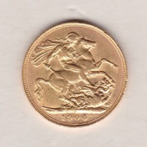 1904 P Gold Sovereign Coin. The coin features King Edward VII on the Obverse. St George and the dragon on the reverse. The P Perth, Australia Mintmark.