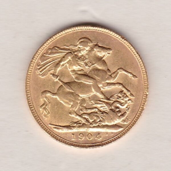 1904 P Gold Sovereign Coin. The coin features King Edward VII on the Obverse. St George and the dragon on the reverse. The P Perth, Australia Mintmark.