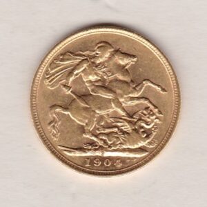 1904 S Gold Sovereign Coin. The coin features King Edward VII on the Obverse. St George and the dragon on the reverse. The S Sydney, Australia Mintmark.