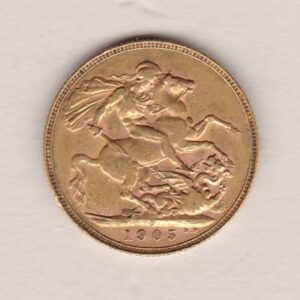 1905 P Gold Sovereign Coin. The coin features King Edward VII on the Obverse. St George and the dragon on the reverse. The P Perth, Australia Mintmark.