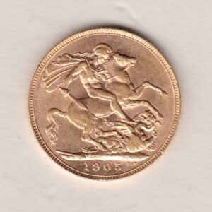 1905 Gold Sovereign Coin. The coin features King Edward VII on the Obverse. St George and the dragon on the reverse. London Mint.