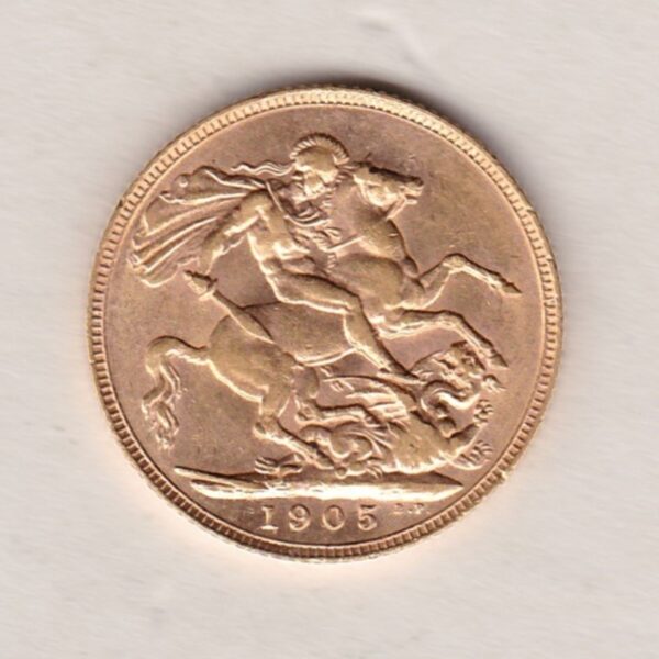 1905 Gold Sovereign Coin. The coin features King Edward VII on the Obverse. St George and the dragon on the reverse. London Mint.