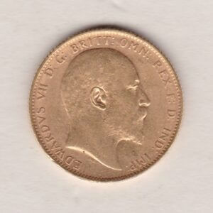1906 M Gold Sovereign Coin. The coin features King Edward VII on the Obverse. St George and the dragon on the reverse. The M Melbourne, Australia Mintmark.