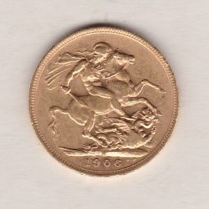 1906 M Gold Sovereign Coin. The coin features King Edward VII on the Obverse. St George and the dragon on the reverse. The M Melbourne, Australia Mintmark.