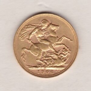 1906 P Gold Sovereign Coin. The coin features King Edward VII on the Obverse. St George and the dragon on the reverse. The P Perth, Australia Mintmark.