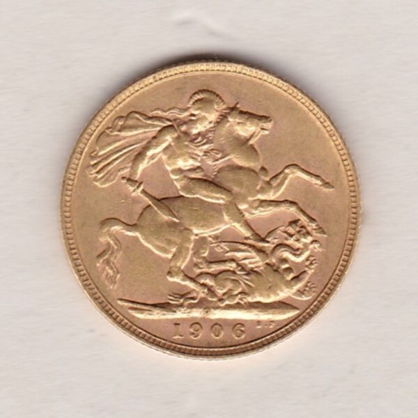 1906 P Gold Sovereign Coin. The coin features King Edward VII on the Obverse. St George and the dragon on the reverse. The P Perth, Australia Mintmark.