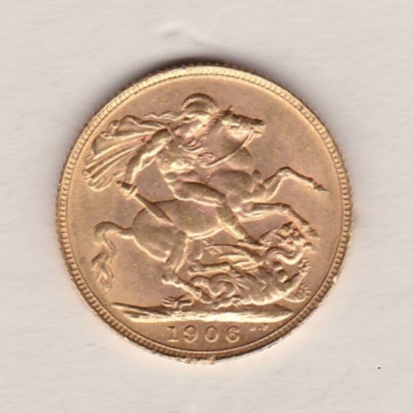 1906 Gold Sovereign Coin. The coin features King Edward VII on the Obverse. St George and the dragon on the reverse. London Mint.