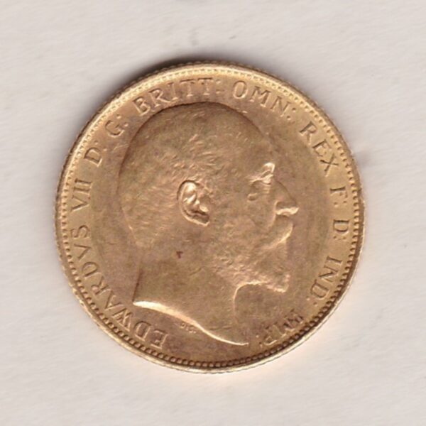 1907 M Gold Sovereign Coin. The coin features King Edward VII on the Obverse. St George and the dragon on the reverse. The M Melbourne, Australia Mintmark.