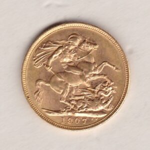 1907 M Gold Sovereign Coin. The coin features King Edward VII on the Obverse. St George and the dragon on the reverse. The M Melbourne, Australia Mintmark.