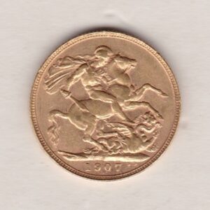 1907 P Gold Sovereign Coin. The coin features King Edward VII on the Obverse. St George and the dragon on the reverse. The P Perth, Australia Mintmark.