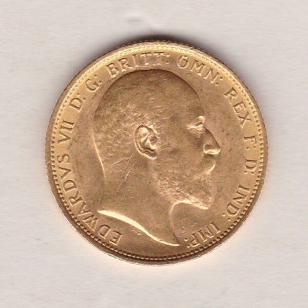 1907 S Gold Sovereign Coin. The coin features King Edward VII on the Obverse. St George and the dragon on the reverse. The S Sydney, Australia Mintmark.