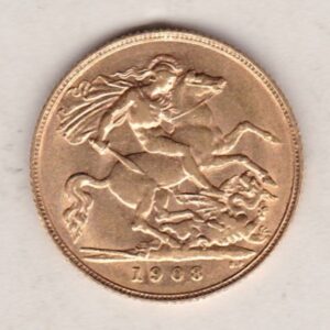 1908 Gold Half Sovereign Coin featuring King Edward VII on the Obverse and George & the Dragon on the Reverse in a plastic coin envelope.