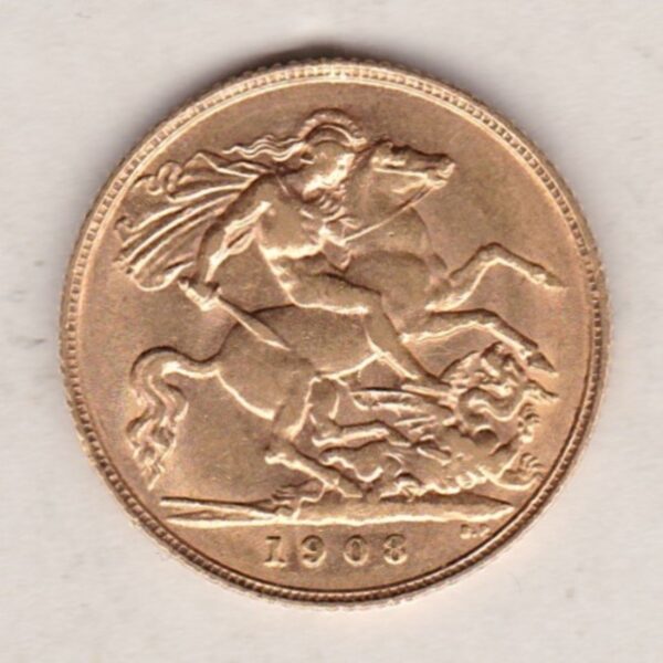 1908 Gold Half Sovereign Coin featuring King Edward VII on the Obverse and George & the Dragon on the Reverse in a plastic coin envelope.