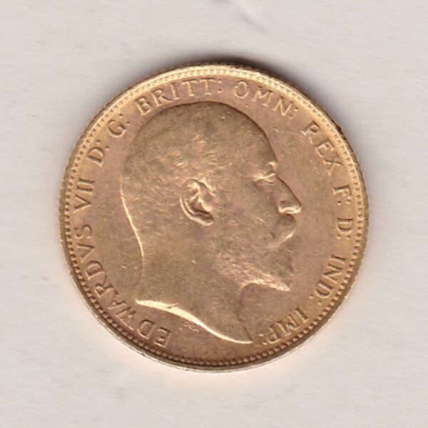 1908 M Gold Sovereign Coin. The coin features King Edward VII on the Obverse. St George and the dragon on the reverse. The M Melbourne, Australia Mintmark.