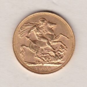 1908 M Gold Sovereign Coin. The coin features King Edward VII on the Obverse. St George and the dragon on the reverse. The M Melbourne, Australia Mintmark.