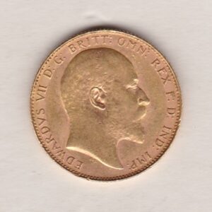 1908 P Gold Sovereign Coin. The coin features King Edward VII on the Obverse. St George and the dragon on the reverse. The P Perth, Australia Mintmark.