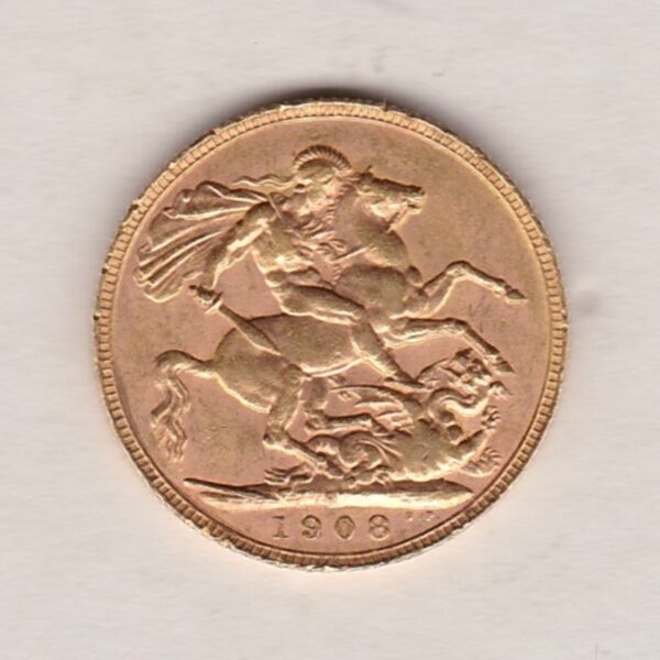 1908 P Gold Sovereign Coin. The coin features King Edward VII on the Obverse. St George and the dragon on the reverse. The P Perth, Australia Mintmark.