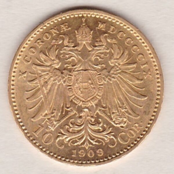 1909 Austria 10 Corona featuring the portrait of Emperor Franz Joseph I on the Obverse. The double-headed imperial eagle is on the Reverse. KM#2816.