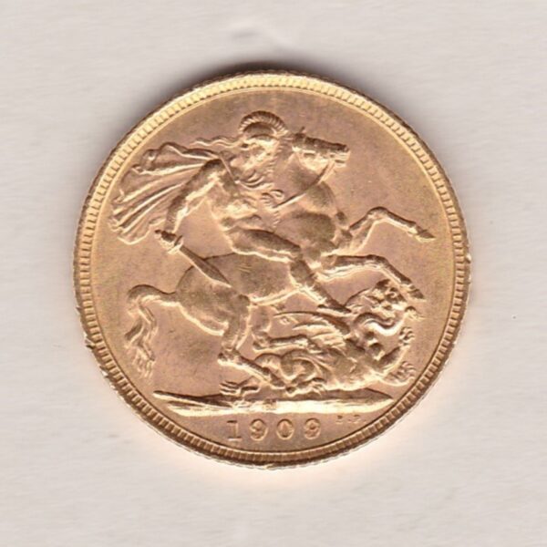 1909 M Gold Sovereign Coin. The coin features King Edward VII on the Obverse. St George and the dragon on the reverse. The M Melbourne, Australia Mintmark.