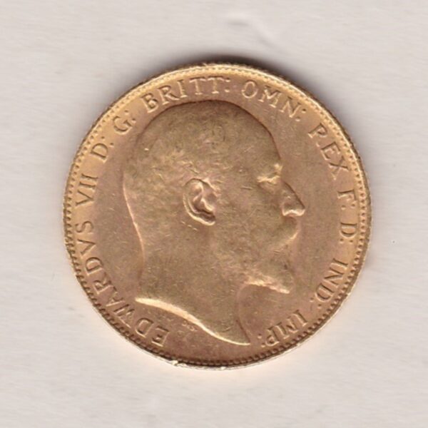 1909 P Gold Sovereign Coin. The coin features King Edward VII on the Obverse. St George and the dragon on the reverse. The P Perth, Australia Mintmark.