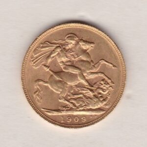 1909 P Gold Sovereign Coin. The coin features King Edward VII on the Obverse. St George and the dragon on the reverse. The P Perth, Australia Mintmark.