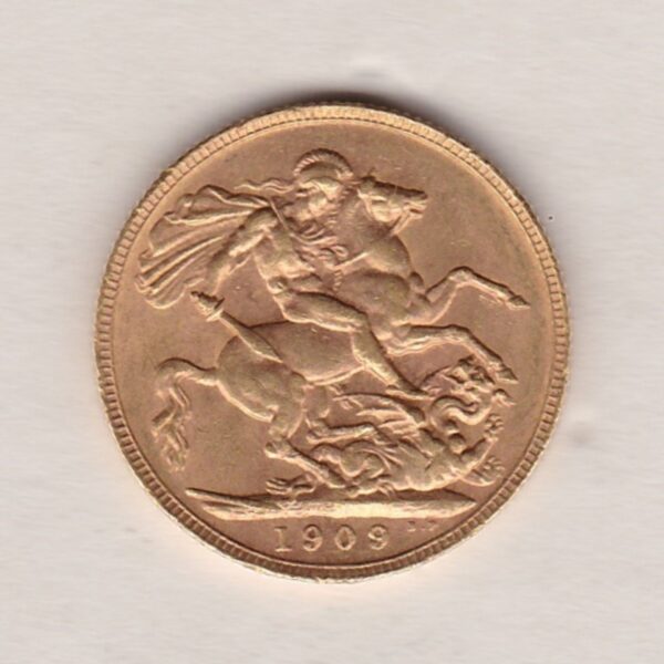 1909 P Gold Sovereign Coin. The coin features King Edward VII on the Obverse. St George and the dragon on the reverse. The P Perth, Australia Mintmark.