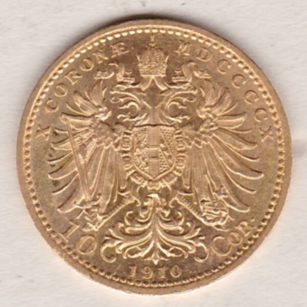 1910 Austria 10 Corona featuring the portrait of Emperor Franz Joseph I on the Obverse. The double-headed imperial eagle is on the Reverse.