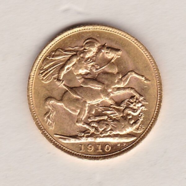 1910 M Gold Sovereign Coin. The coin features King Edward VII on the Obverse. St George and the dragon on the reverse. The M Melbourne, Australia Mintmark.